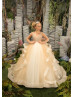 Beaded Champagne Tulle Ruffle Floor Length Flower Girl Dress